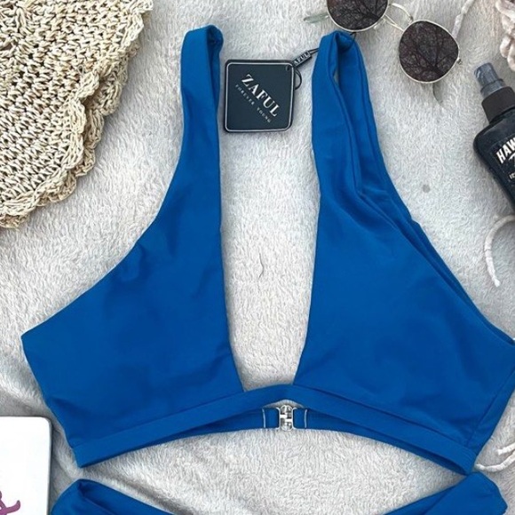 SHEIN plunging blue bikini top fixed straps hook back closure cobalt blue size S - Picture 8 of 9